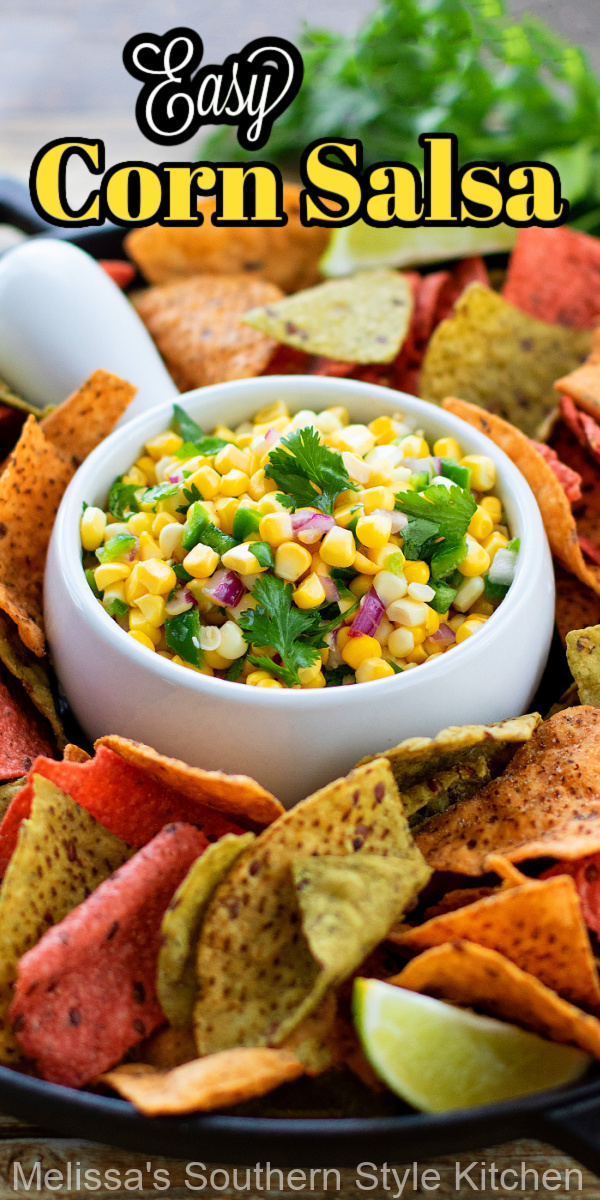 This Easy Corn Salsa recipe can be served as a condiment for salads, tacos, burrito bowls or as an appetizer with tortilla chips for dipping. #cornrecipes #easycornsalsa #salsa #salsarecipes #corn #salsarecipe #freshcornrecipes #cornonthecob #roastedcorn
