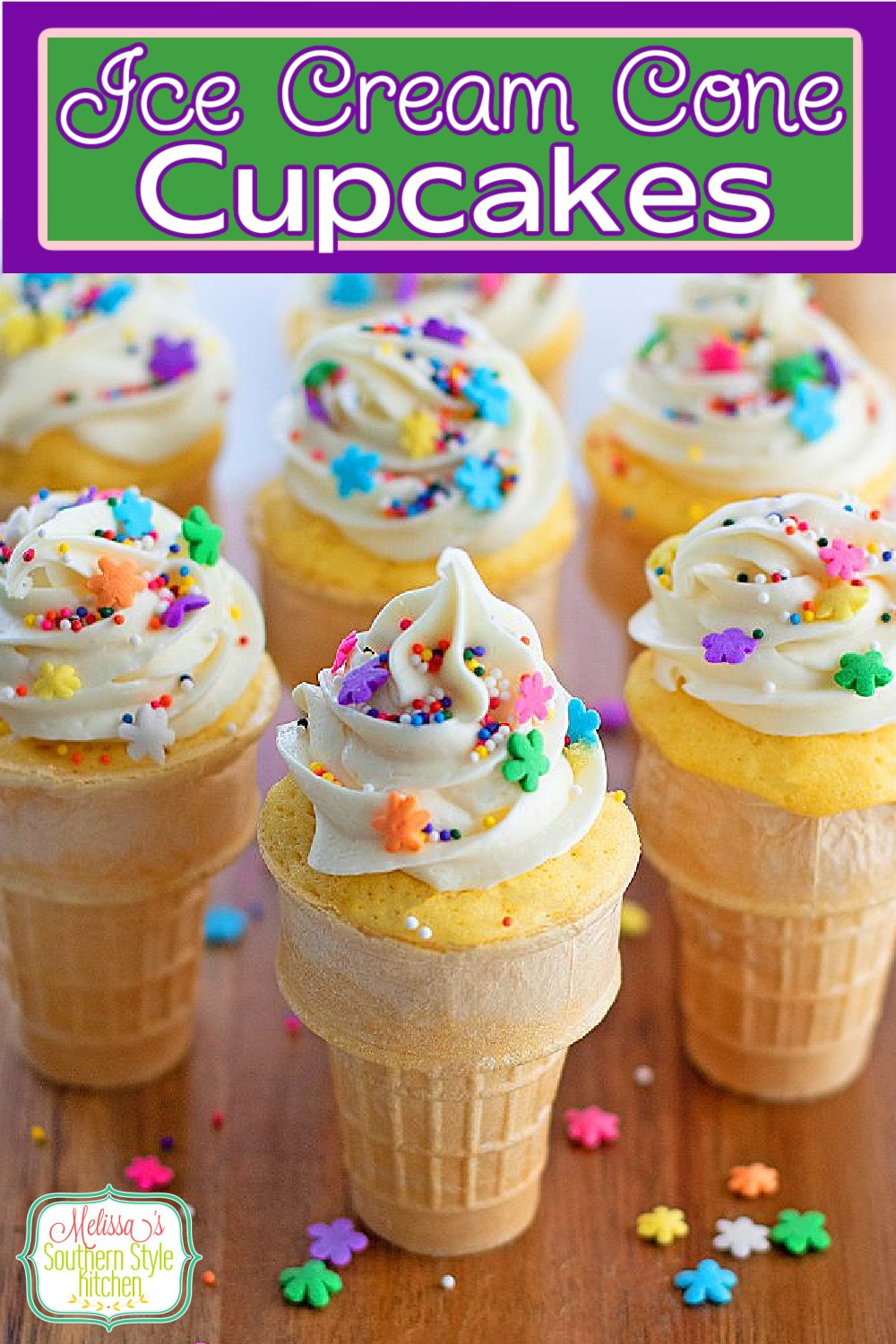 These cute Ice Cream Cone Cupcakes can be made in any flavor you like and decorated to match the occasion #cupcakes #icecreamcone #icecreamconecupcakes #cakerecipes #cupcakes #southernstyle #southerndesserts