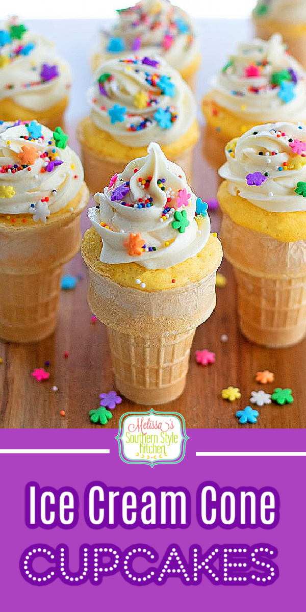These cute Ice Cream Cone Cupcakes can be made in any flavor you like and decorated to match the occasion #cupcakes #icecreamcone #icecreamconecupcakes #cakerecipes #cupcakes #southernstyle #southerndesserts