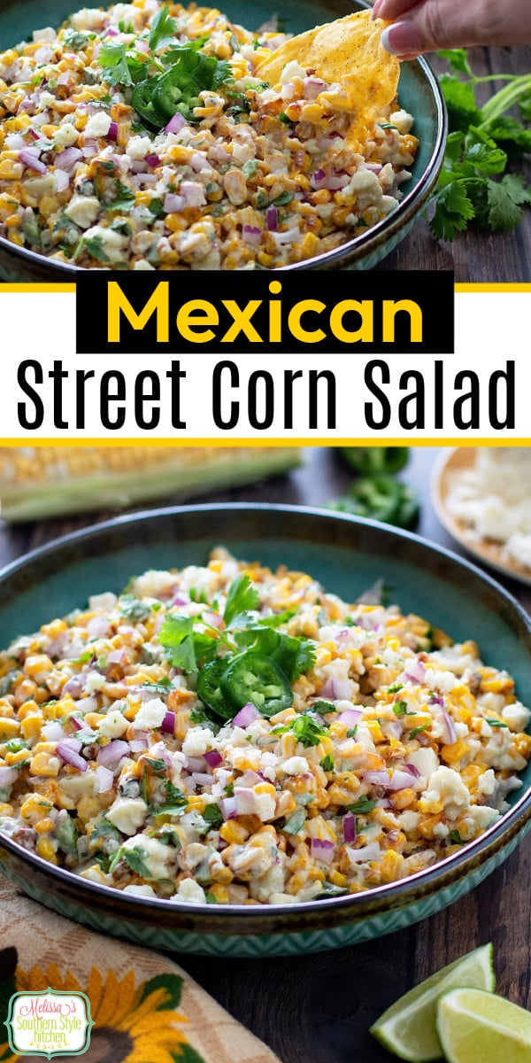 This Mexican Street Corn Salad can be used as a condiment for burrito bowls, salads or tacos and with tortilla chips for dipping #mexicanfood #mexicanstreetcorn #mexicanstreetcornsalad #cornsalad #freshcornrecipes #cornonthecob via @melissasssk