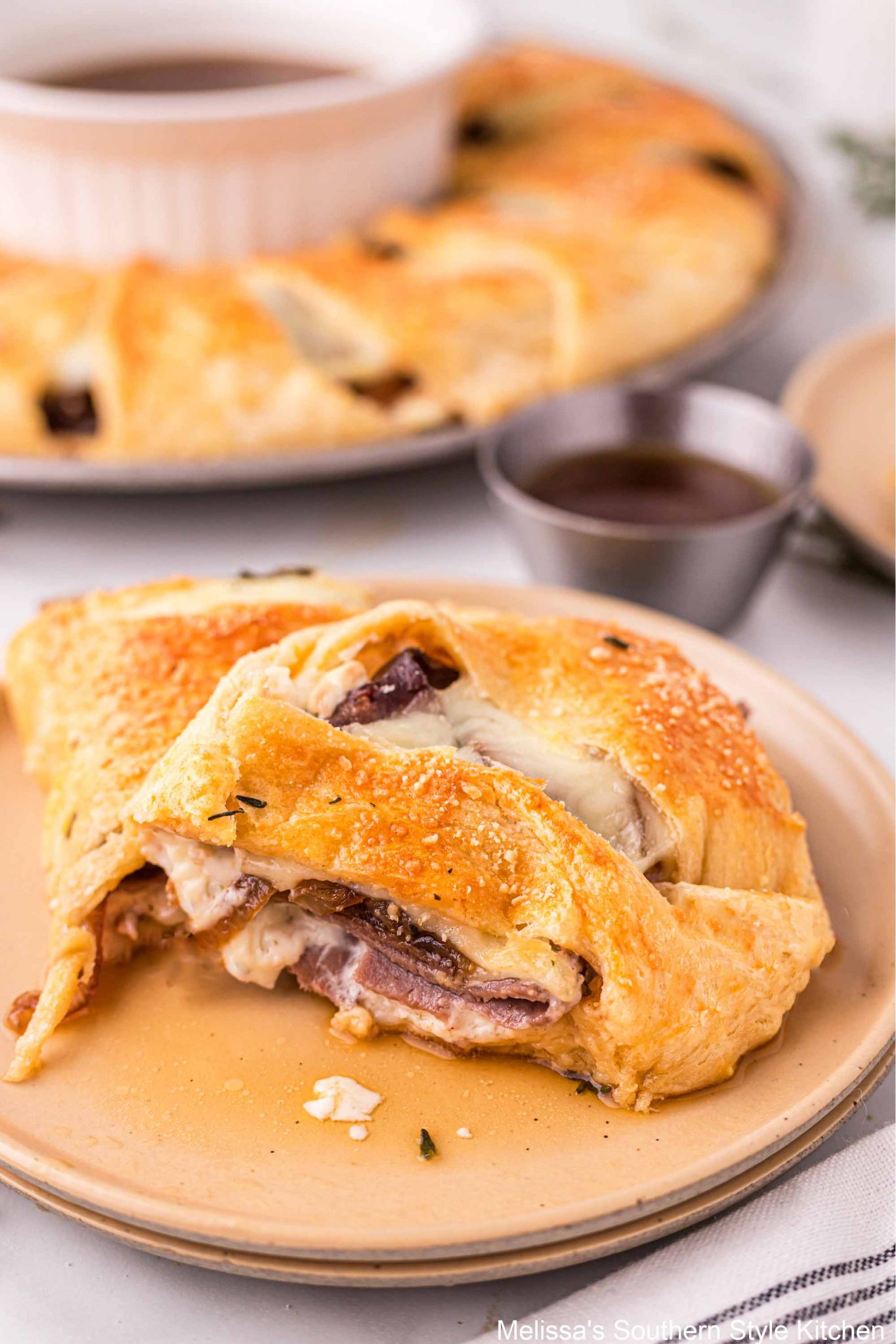 plated french dip made with crescent rolls