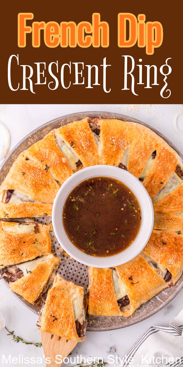 Serve French dips in an unexpected way with this French Dip Crescent Ring topped caramelized onions and au jus for dipping #frenchdips #roastbeef #frenchdiprecipes #crescentrings #crescentrolls #crescentrollrecipes #southernstyle #appetizers #gamedayrecipes