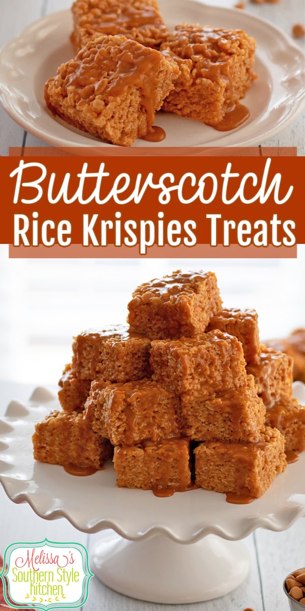 These rich and buttery glazed Butterscotch Rice Krispies Treats are no-bake making them ideal for cook's of all skill levels to master #ricekrispiestreats #butterscotchricekrispiestreats #butterscotchbars #nobakedesserts #dessertrecipes via @melissasssk