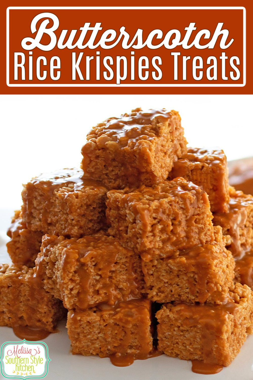 These rich and buttery glazed Butterscotch Rice Krispies Treats are no-bake making them ideal for cook's of all skill levels to master #ricekrispiestreats #butterscotchricekrispiestreats #butterscotchbars #nobakedesserts #dessertrecipes via @melissasssk