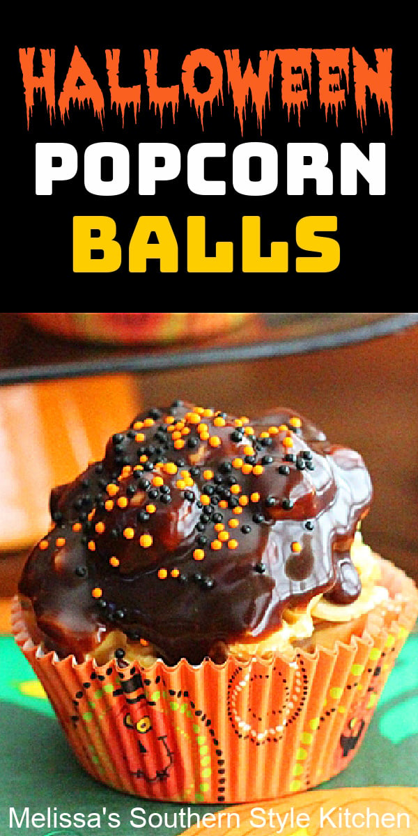 These festive Halloween Popcorn Balls will make a delicious addition to your snack menu for this year's monster mash #popcornballs #caramelpopcorn #popcornrecipes #halloweendesserts #halloweenrecipes #caramel #popcorn via @melissasssk