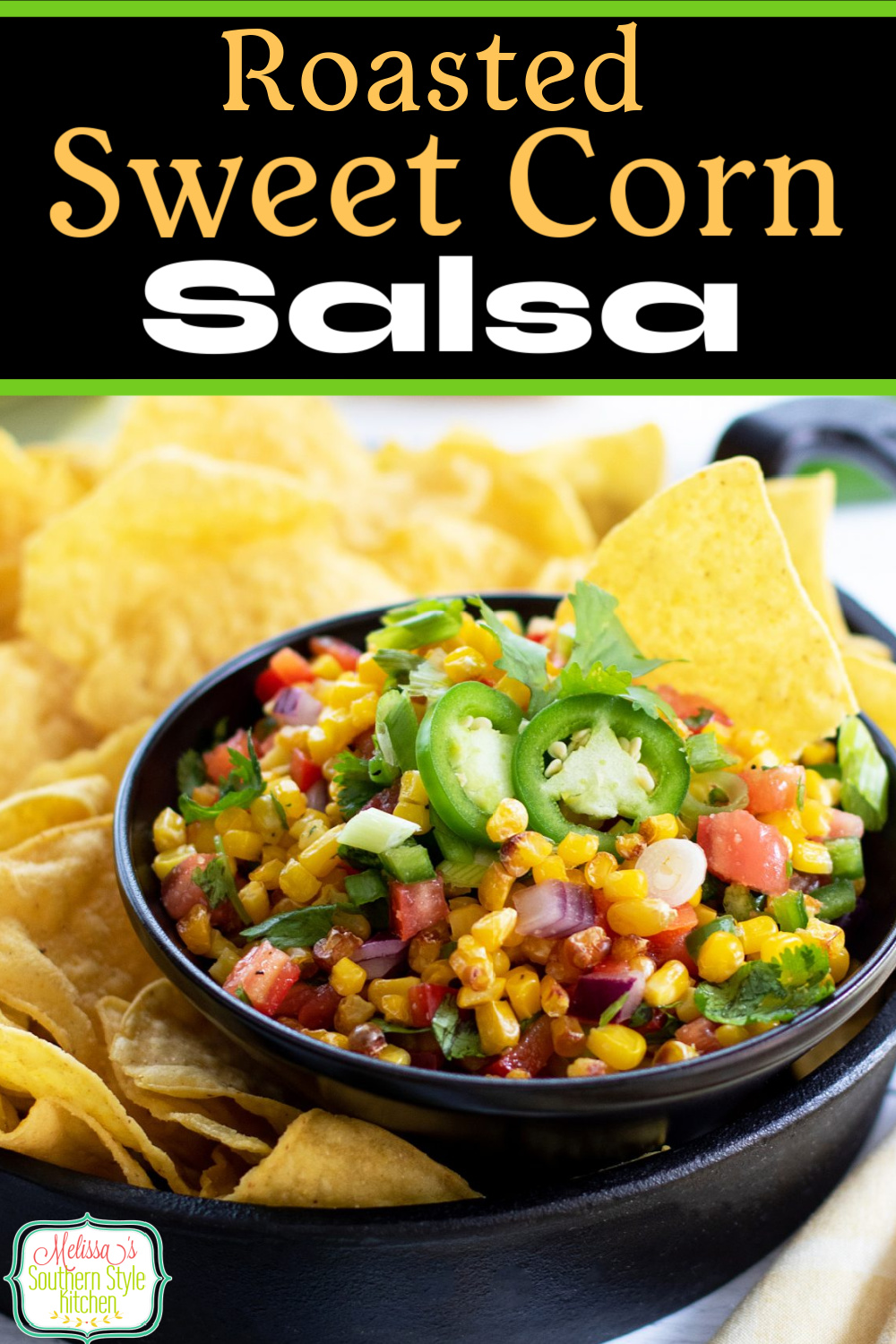 This Roasted Sweet Corn Salsa is packed with vibrant colors and flavors, too. #cornsalsa #easycornsalsa #cornrecipes #sweetcorn #roastedcorn #cornonthecob #condiments #appetizers #salsarecipe #salsa #mexicanfood via @melissasssk