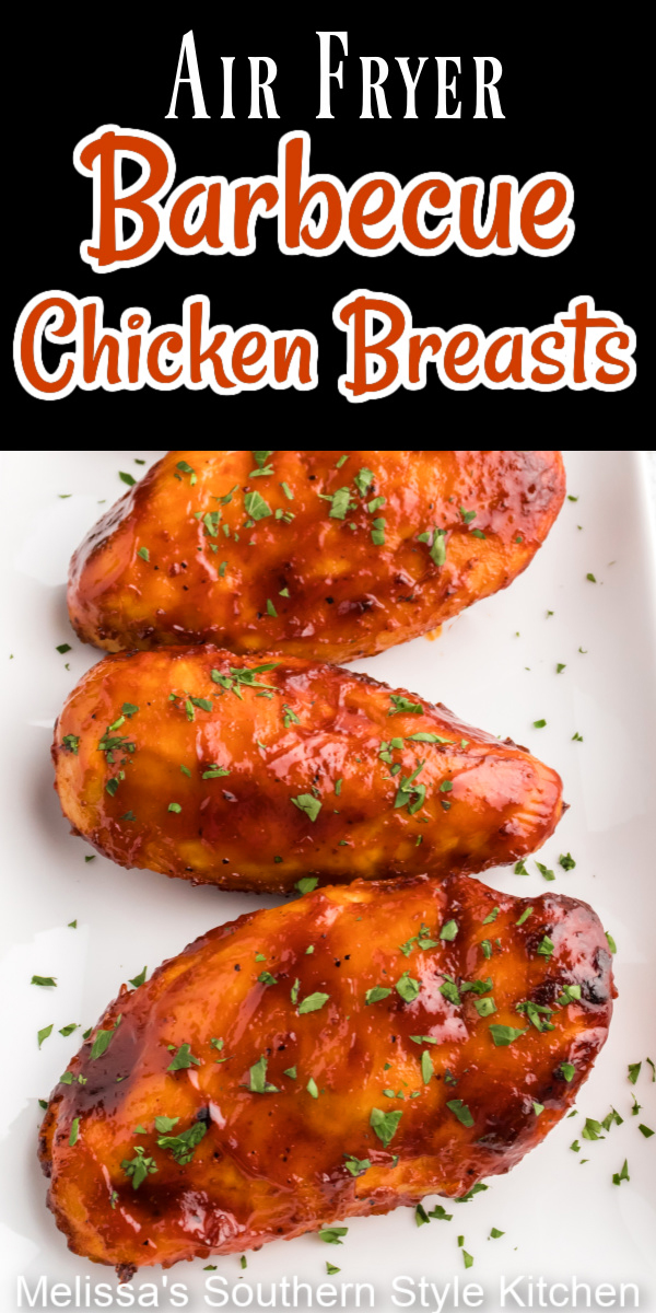 Pair these juicy Air Fryer Barbecue Chicken Breasts with your favorite side dishes for the perfect busy day dinner entrée #airfryerchicken #barbecuechickenrecipes #airfryerbarbecuechicken #easychickenbreastrecipes #chickenbreasts #bbqrecipes #easyairfryerchickenrecipes