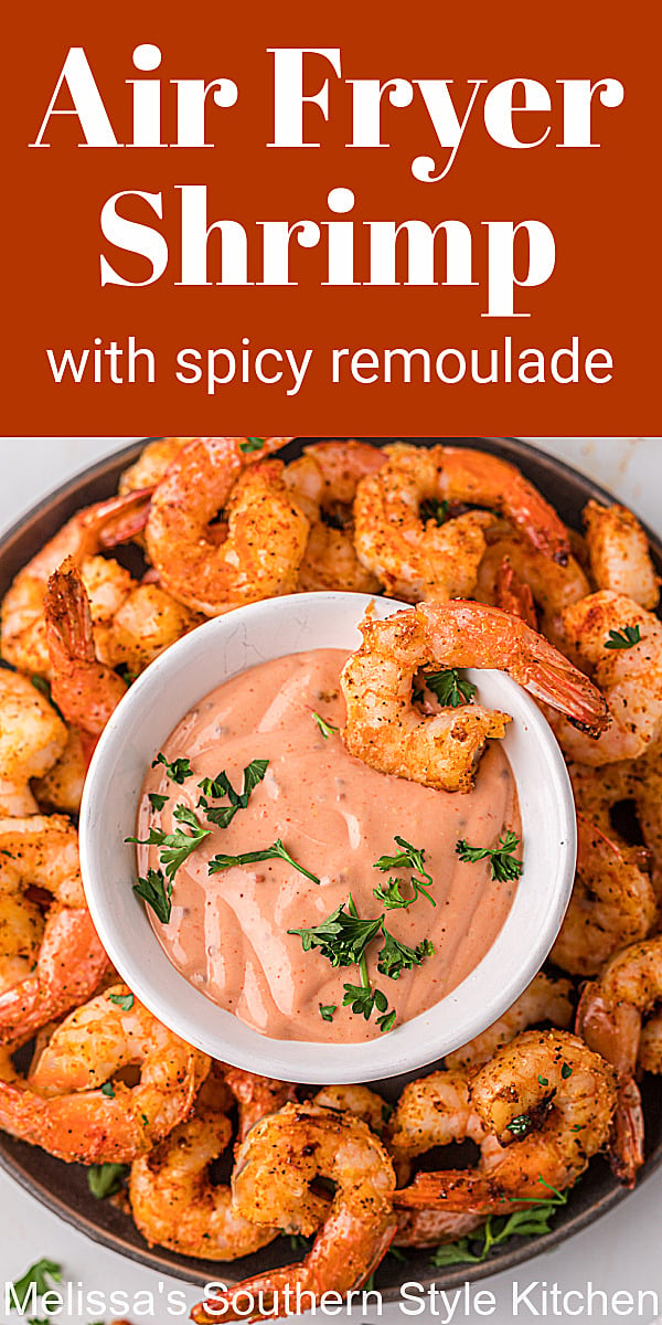 This Air Fryer Shrimp Recipe features perfectly seasoned shrimp paired beautifully with a homemade spicy remoulade sauce for dipping #airfryerrecipes #shrimprecipes #friedshrimp #airfryershrimp #easyfriedshrimp #southernfriedshrimp #easyairfryerrecipes #shrimp #remouladesaucerecipe