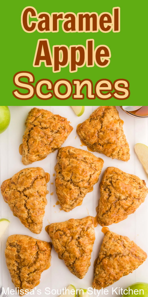 These Caramel Apple Scones topped with a sprinkling of turbinado sugar and a drizzle of caramel, are certain to be the star of your brunch table #apples #applescones #caramelapples #appledesserts #fallbaking #caramelapplescones