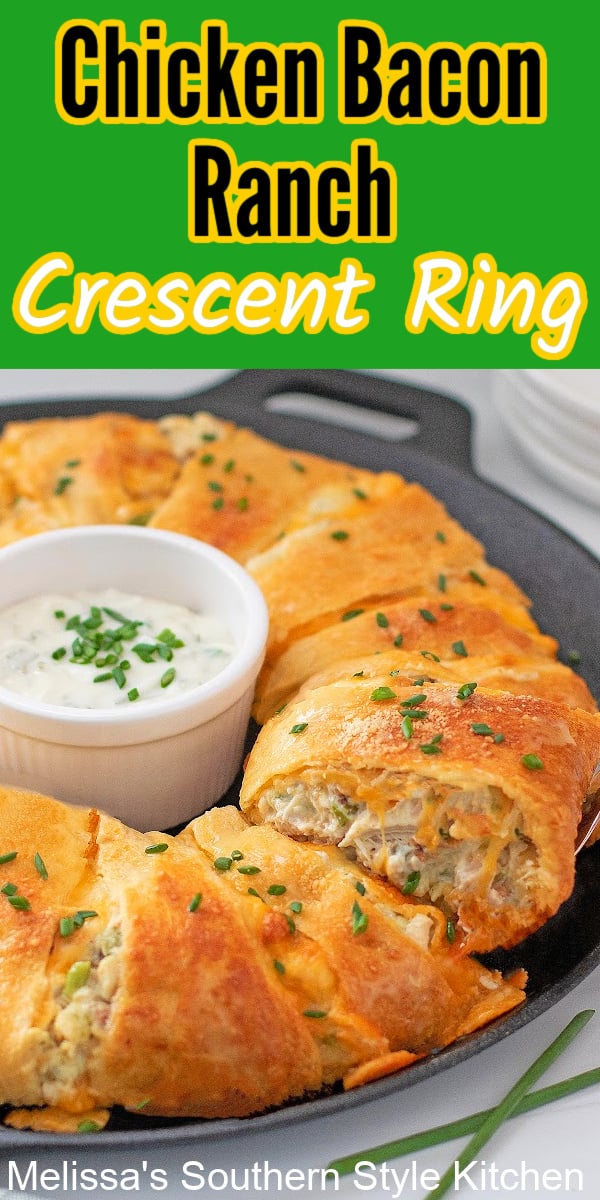 Serve this Chicken Bacon Ranch Crescent Ring for causal meals and game day snacking #chickenrecipes #crescentrollrecipes #crescentolls #crescentring #chickenbaconranch #bacon #appetizers #easyrecipes #southernfood