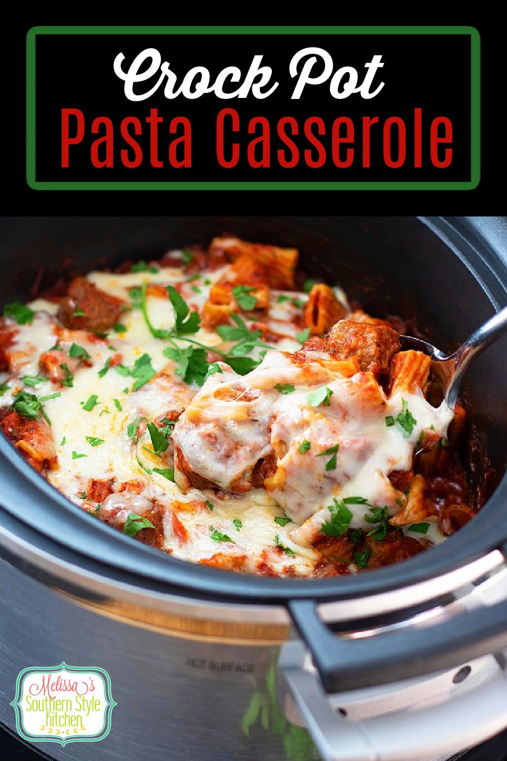 Simmer the sauce for this Crock Pot Pasta Casserole low and slow then add pasta for an Italian inspired family pleasing dinner #crockpotpastacasserole #crockpotrecipes #slowcookerpasta #pastasauce #slowcookedrigatoni #easypastarecipes #Italianrecipes #pastacasserole via @melissasssk