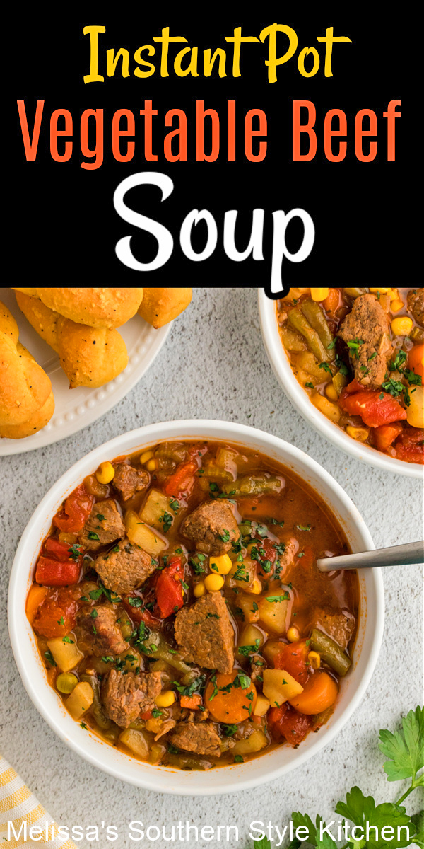 This Instant Pot Vegetable Beef Soup results in a flavorful soup with tender and juicy chunks of beef.  Bonus, stovetop instructions included! #instantpot #instantpotsoup #souprecipes #vegetablebeefsoup #beef #souprecipes #instantpotvegetablebeefsoup