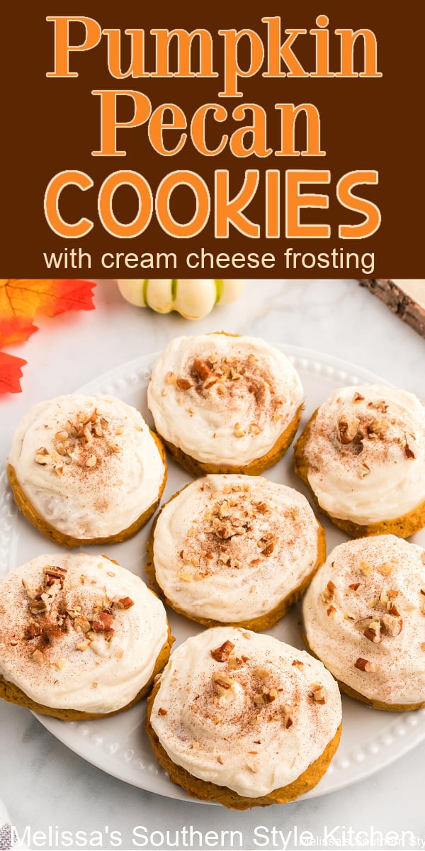The cream cheese frosted Pumpkin Pecan Cookies encompass the fall favors we love in an insanely delicious handheld dessert #pumpkincookies #pumpkinspice #creamcheesefrosting #fallbaking #thanksgivingdesserts #pumpkinpecancookies