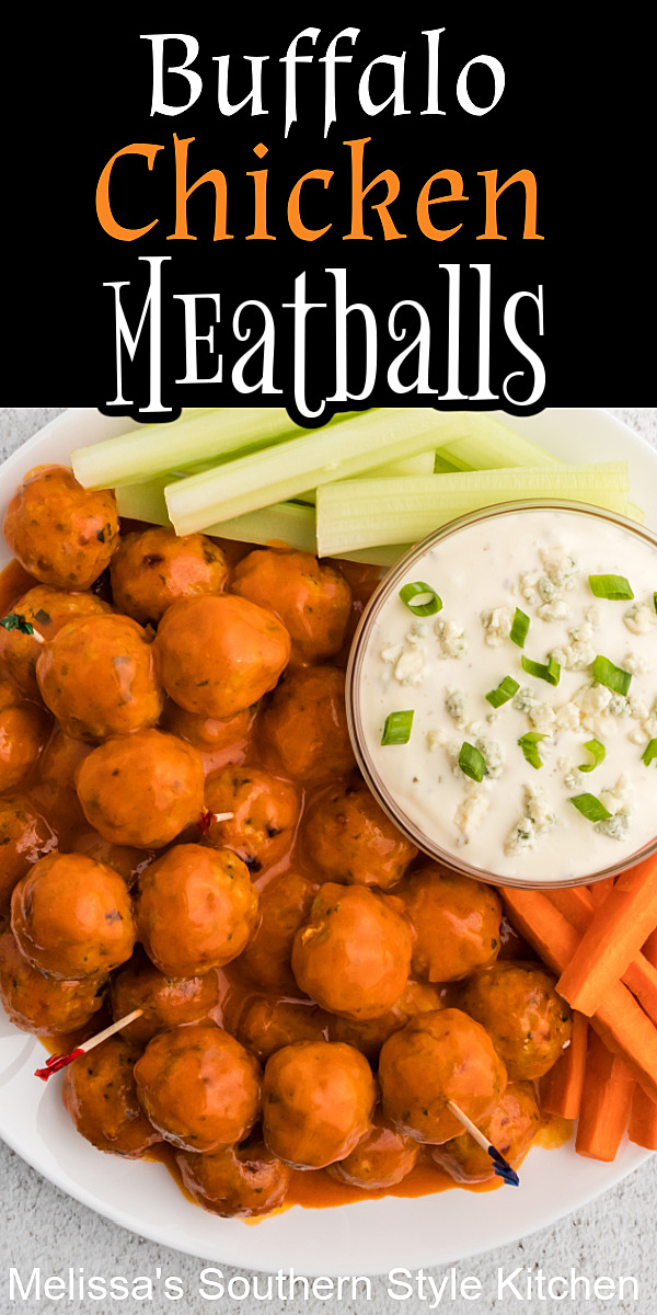 These Buffalo Chicken Meatballs are the ultimate fusion meatball for any occasion when you're serving casual finger foods #chickenrecipes #meatballs #buffalochicken #buffalochickenmeatballs #buffalowings #appetizers #meatballrecipes #easychickenrecipes #footballrecipes