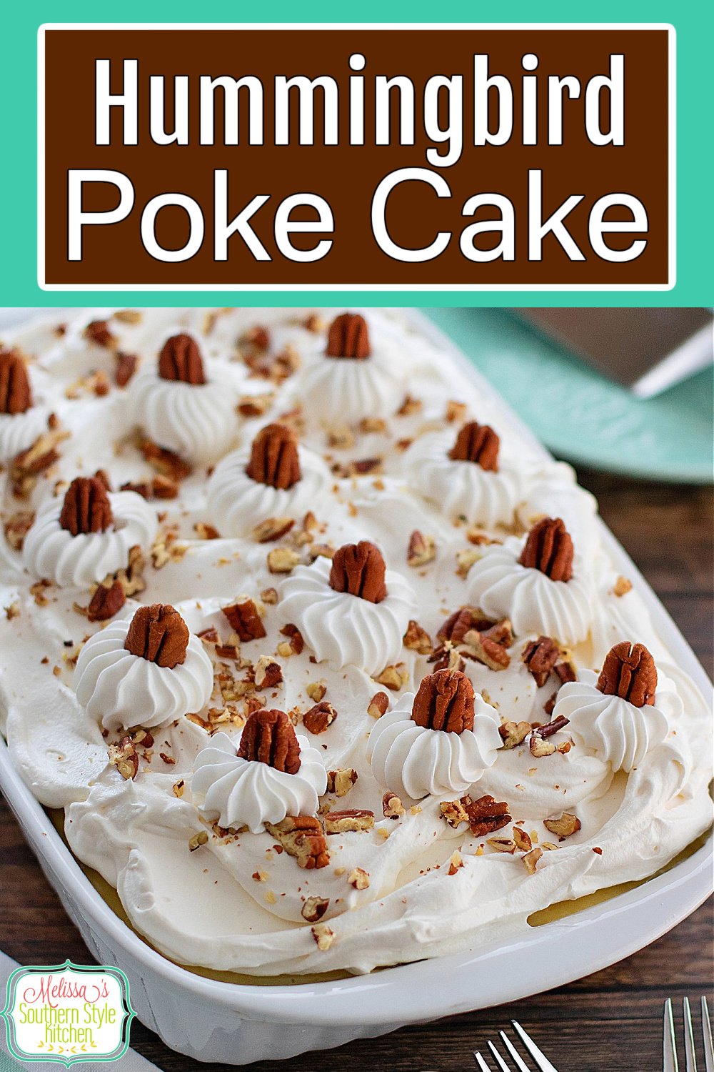 This Hummingbird Cake Poke Cake is a delicious riff on the famous Hummingbird Cake any baker can make #hummingbirdcake #hummingbirdpokecake #pokecakerecipe #cakes #sheetcake #southerndesserts #pineapplecake #coconutcake #cakemixhacks via @melissasssk