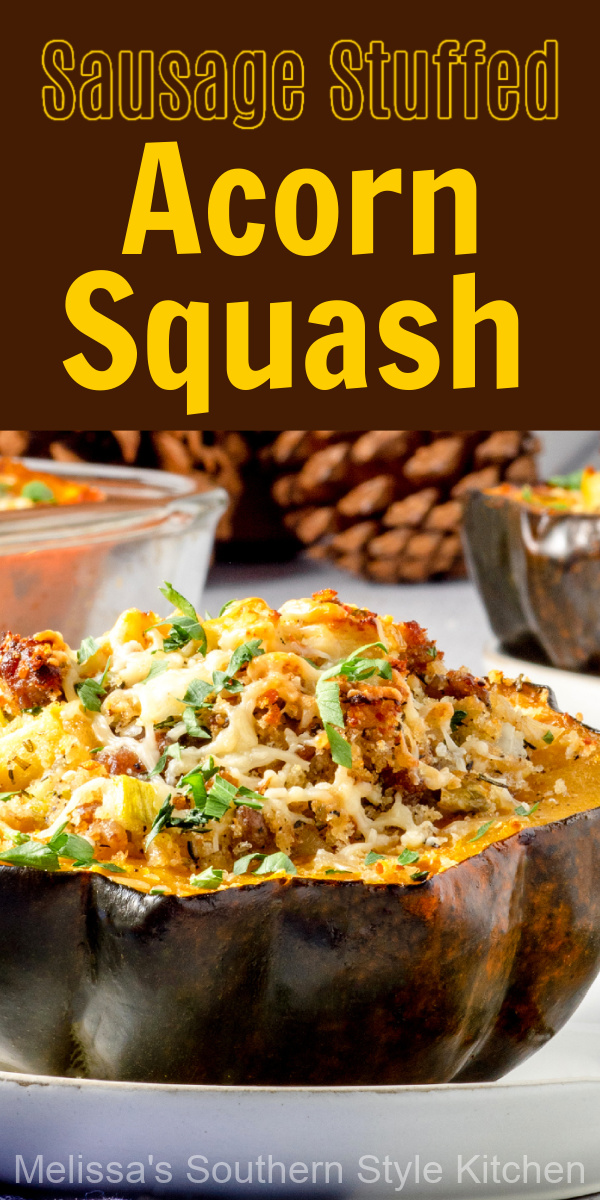 This Sausage Stuffed Acorn Squash is packed with flavor and provides a mouthwatering opportunity to enjoy this fall favorite #acornsquash #sausagestuffedsquash #squashrecipes #thanksgiving #fallrecipes #wintersquash #stuffedacornsquash via @melissasssk