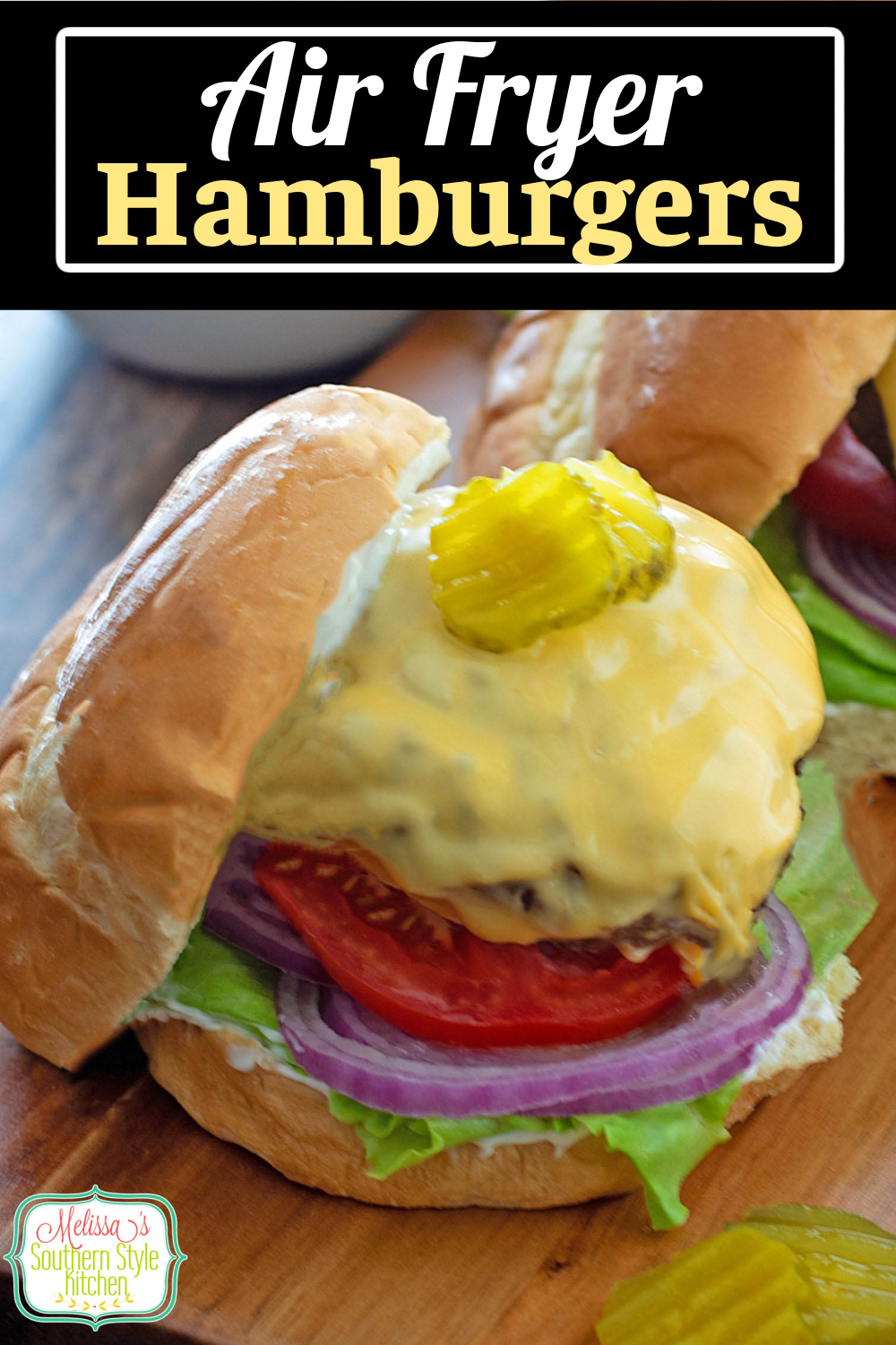 Top these juicy Air Fryer Hamburgers with your favorite fixing's and it's dinner in minutes with easy clean-up, too #airfryerrecipes #hamburgers #airfryerhamburgers #besthamburgerecipes #airfryers #airfryercheeseburgers #cheeseburgerrecipes #easygroundbeefrecipes via @melissasssk