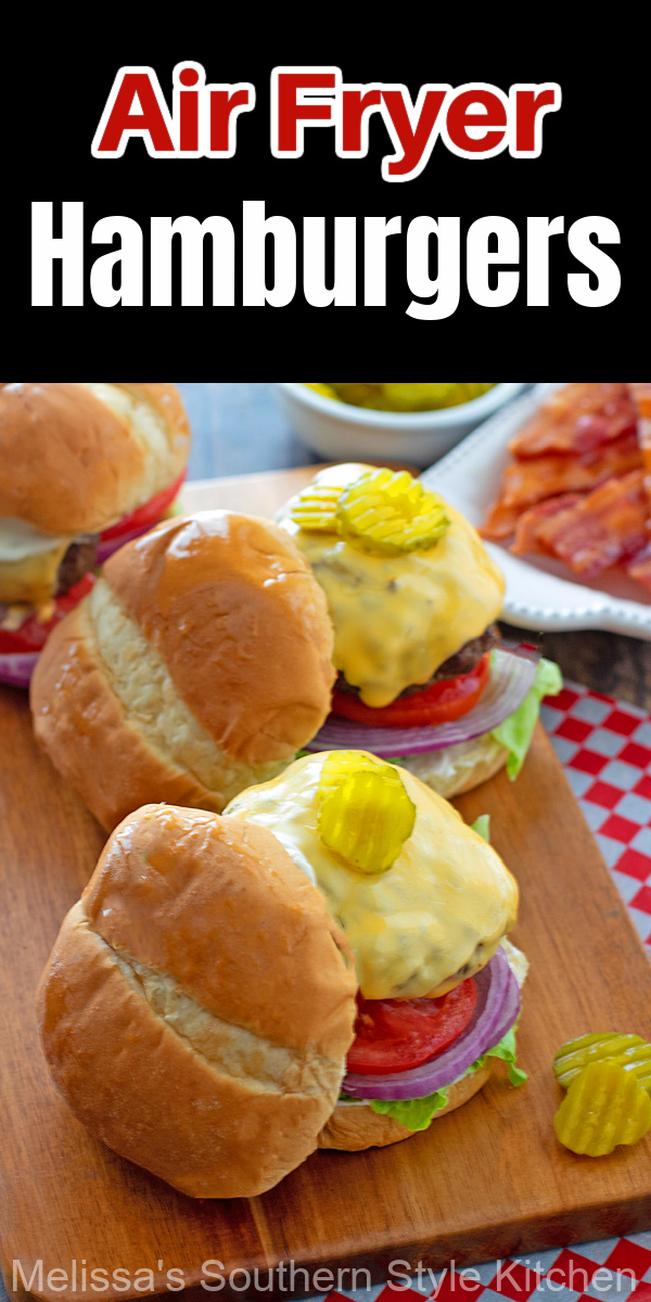 Top these juicy Air Fryer Hamburgers with your favorite fixing's and it's dinner in minutes with easy clean-up, too #airfryerrecipes #hamburgers #airfryerhamburgers #besthamburgerecipes #airfryers #airfryercheeseburgers #cheeseburgerrecipes #easygroundbeefrecipes