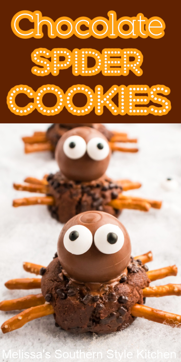 These too cute to be scary Chocolate Spider Cookies topped with truffles are a decadent treat that kids of all ages will love #spidercookies #halloweencookies #spiders #chocolatecookies #chocolate #halloweenpartyfood #partyrecipes #monstercookies