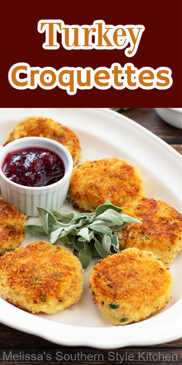 Reinvent leftovers into these crispy Turkey Croquettes topped with sour cream and a drizzle of cranberry sauce for a post holiday meal #turkeyrecipes #leftoverturkeyrecipes #turkeycakes #turkeycroquettes #croquettes #poultry #easyturkeyrecipes