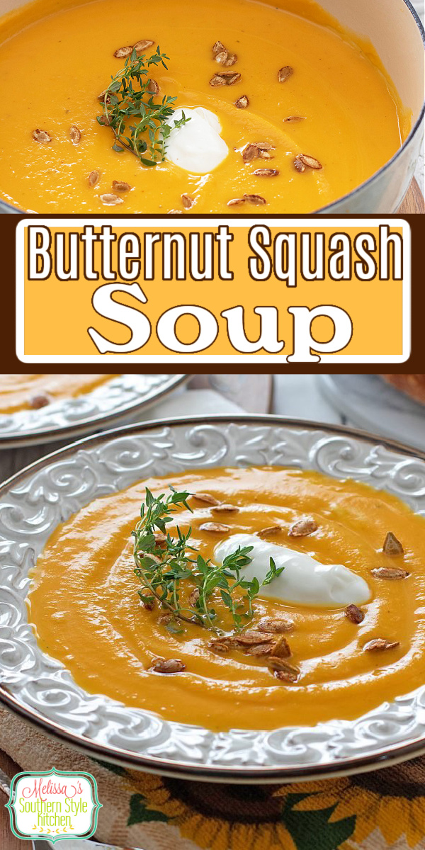 This rich Butternut Squash Soup Recipe can be served as a starter or a main dish entrée with a side of crusty bread for dipping #butternutsquashsoup #butternutsquashrecipe #soup #souprecipe #butternutsquashrecipes via @melissasssk