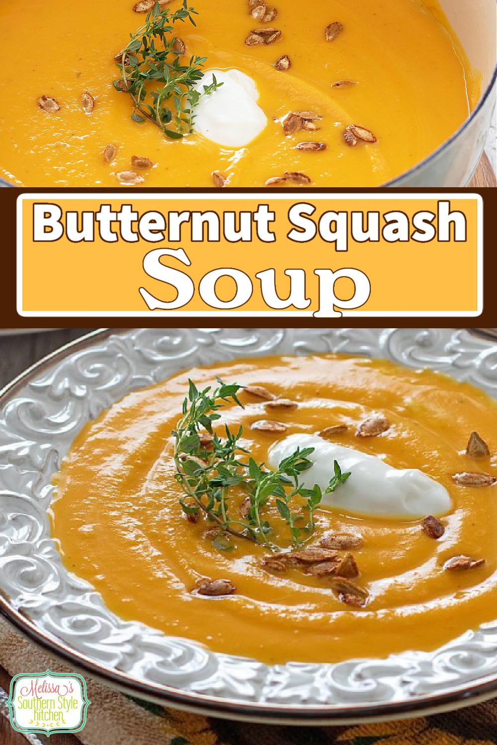 This rich Butternut Squash Soup Recipe can be served as a starter or a main dish entrée with a side of crusty bread for dipping #butternutsquashsoup #butternutsquashrecipe #soup #souprecipe #butternutsquashrecipes via @melissasssk