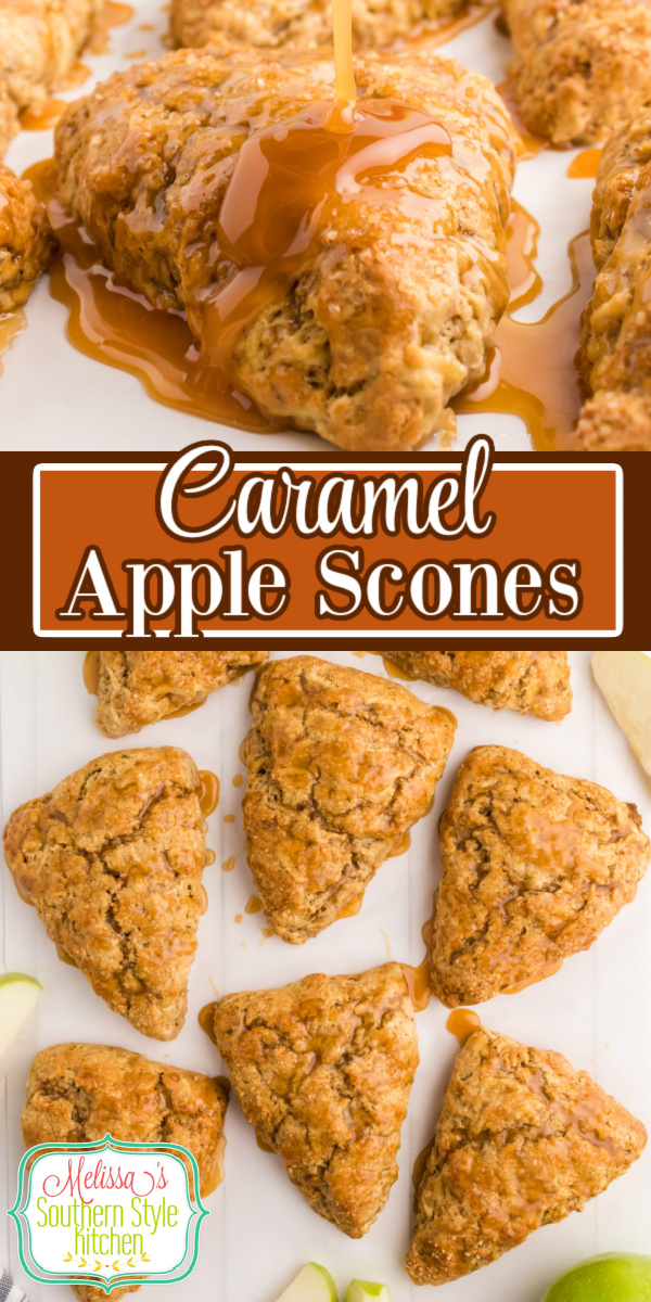 These Caramel Apple Scones topped with a sprinkling of turbinado sugar and a drizzle of caramel, are certain to be the star of your brunch table #apples #applescones #caramelapples #appledesserts #fallbaking #caramelapplescones