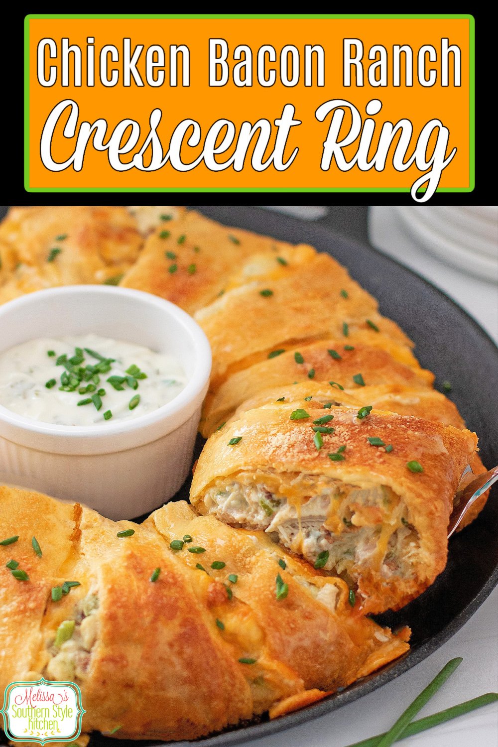 Serve this Chicken Bacon Ranch Crescent Ring for causal meals and game day snacking #chickenrecipes #crescentrollrecipes #crescentolls #crescentring #chickenbaconranch #bacon #appetizers #easyrecipes #southernfood via @melissasssk