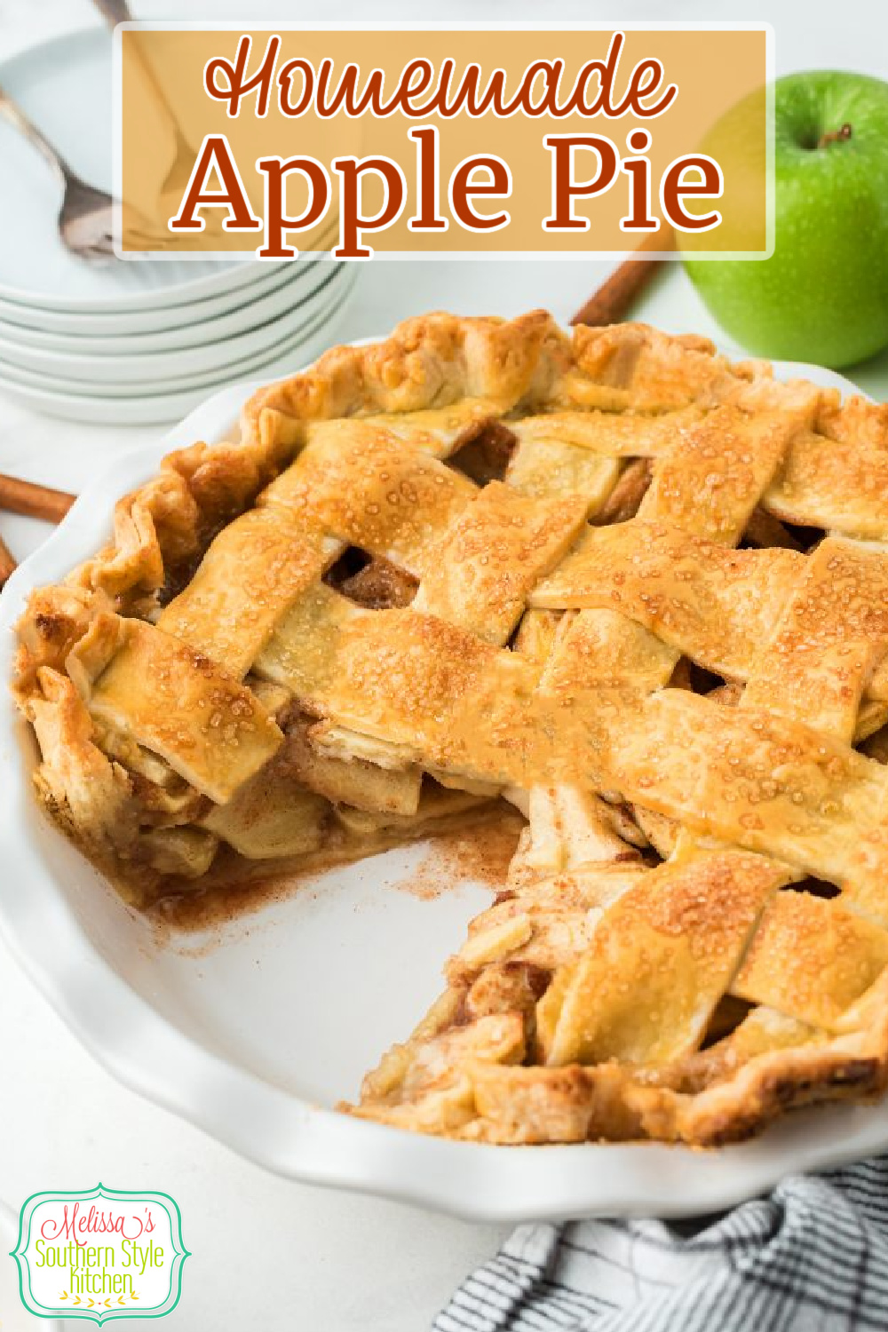 This lattice topped Apple Pie Recipe can be served warm with vanilla ice cream, at room temperature or chilled with a dollop of whipped cream #applepierecipe #applepie #grannysmithapples #bestapplepie #thanksgivingpies #desserts #easyapplepie via @melissasssk
