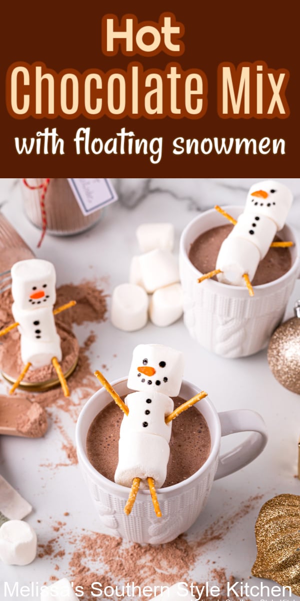 This oh-so-easy Hot Chocolate Mix topped with homemade floating snowmen is perfect for DIY family projects and homemade gift giving #hotchocolatemix #hotcocoa #hotchocolaterecipe #easyhotcocoa #hotchocolate #DIY #homemadegifts #chocolate via @melissasssk