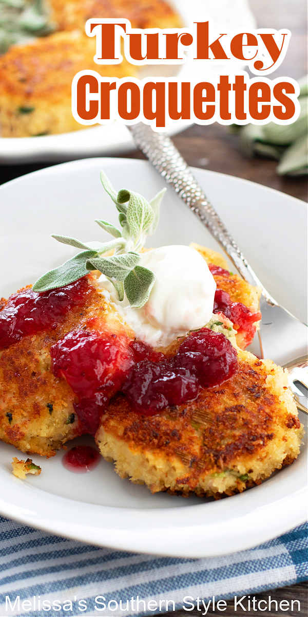 Reinvent leftovers into these crispy Turkey Croquettes topped with sour cream and a drizzle of cranberry sauce for a post holiday meal #turkeyrecipes #leftoverturkeyrecipes #turkeycakes #turkeycroquettes #croquettes #poultry #easyturkeyrecipes