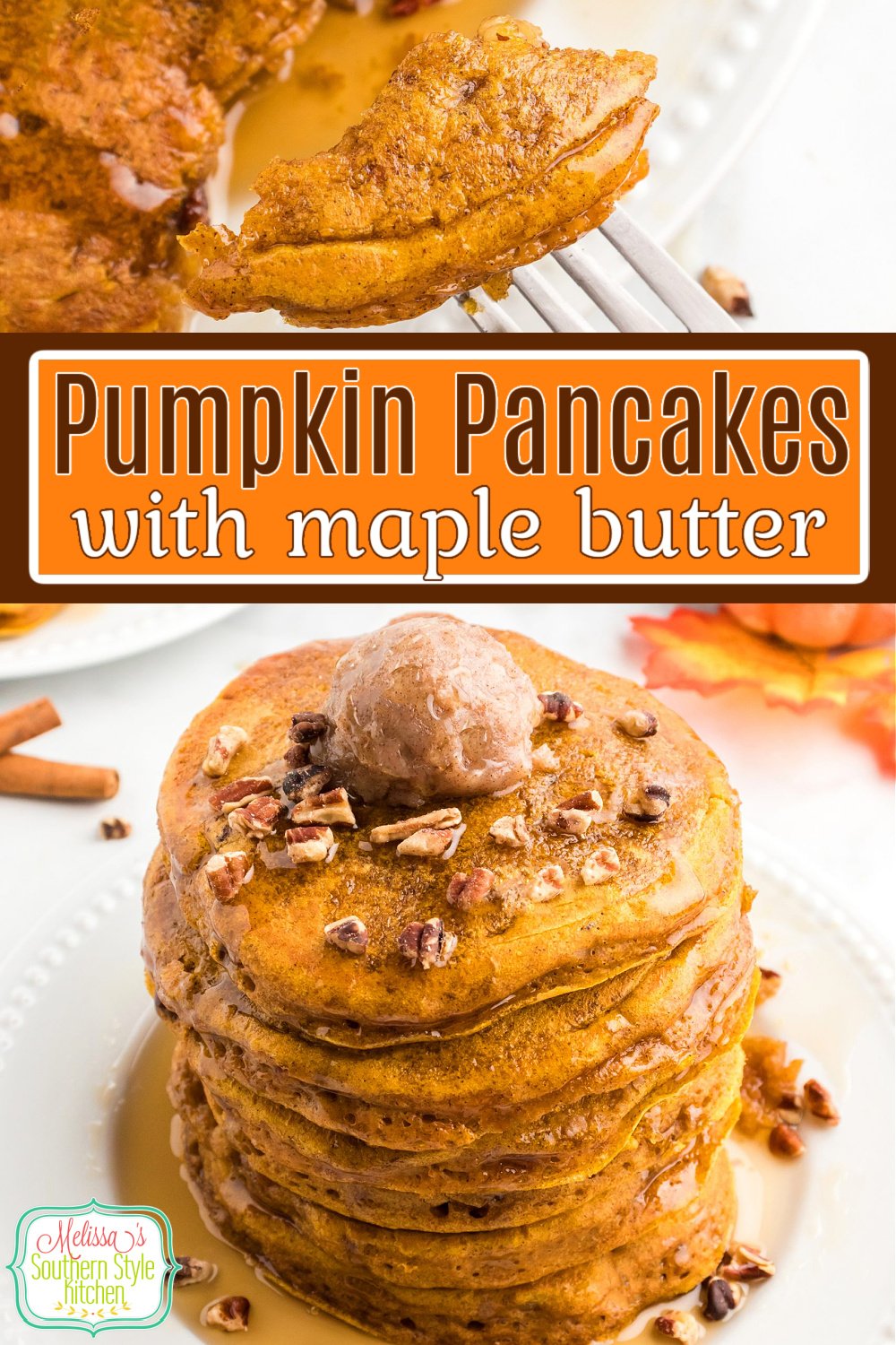 These autumn Pumpkin Pancakes with Maple Butter feature a fluffy texture paired with a delectable maple syrup flavored cinnamon butter #pumpkinpancakes #pumpkinrecipes #maplecinnamonbutter #maplesyrup #cinnamonbutter #pumpkinpancakerecipe