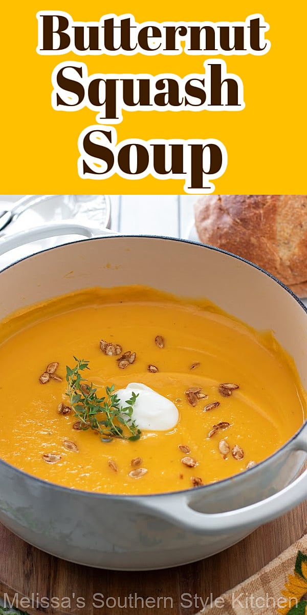 This rich Butternut Squash Soup Recipe can be served as a starter or a main dish entrée with a side of crusty bread for dipping #butternutsquashsoup #butternutsquashrecipe #soup #souprecipe #butternutsquashrecipes