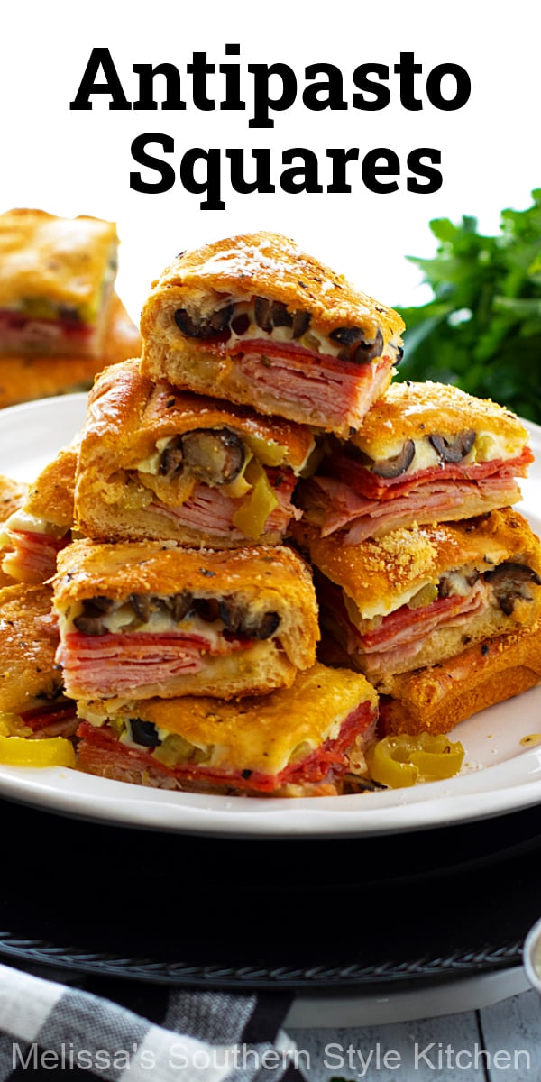 These stuffed Italian Antipasto Squares can take you from casual meals and family snacking to tailgating and beyond. #antipasto #antipastosquares #appetizers, #crescentrolls #crescentrollrecipes #tailgating #Italian #crescentsquares