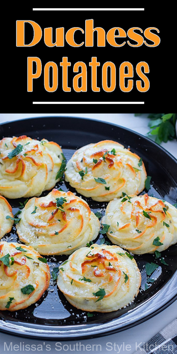 Swirls of Duchess Potatoes makes a beautiful and flavorful side dish that's ideal for the holidays and special family gatherings #duchesspotatoes #mashedpotatoes #potatorecipes #easypotatoes #holidaysidedishrecipes #easypotatoes #christmassidedishes #thanksgivingsidedishes #southernstyle via @melissasssk