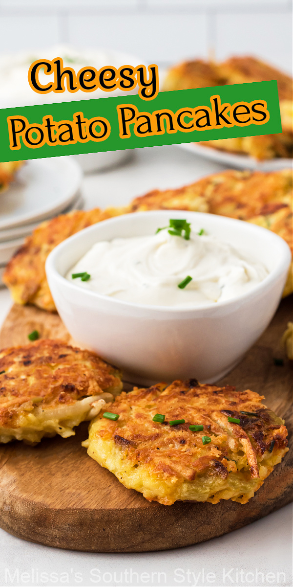 Serve these crispy Cheesy Potato Pancakes warm with a dollop of ranch sour cream as an appetizer or a side dish at any meal #potatopancakes #potatoes #latkes #potatocakes #easypotatocakes #potatoes #potatorecipes #cheesypotatopancakes