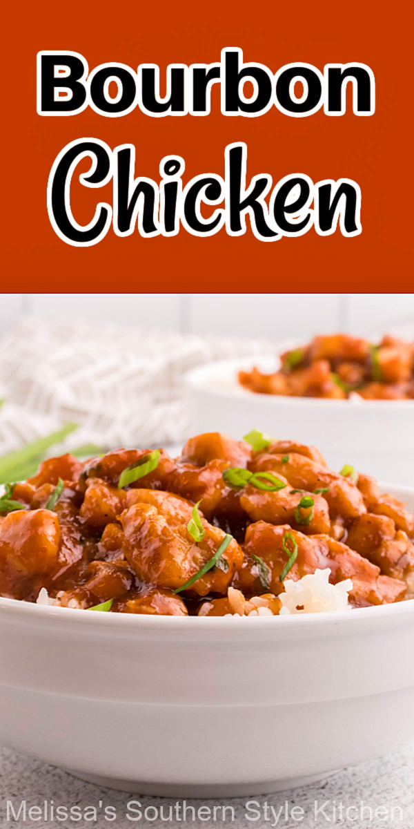 Serve this Bourbon Chicken over a big bowl of rice for a taste of NOLA at your own kitchen table.  #bourbonchicken #easychickenrecipes #chickenbreastrecipes #NOLA #mardisgrasrecipes #chicken #whiskey #bourbonrecipes #southernstylerecipes
