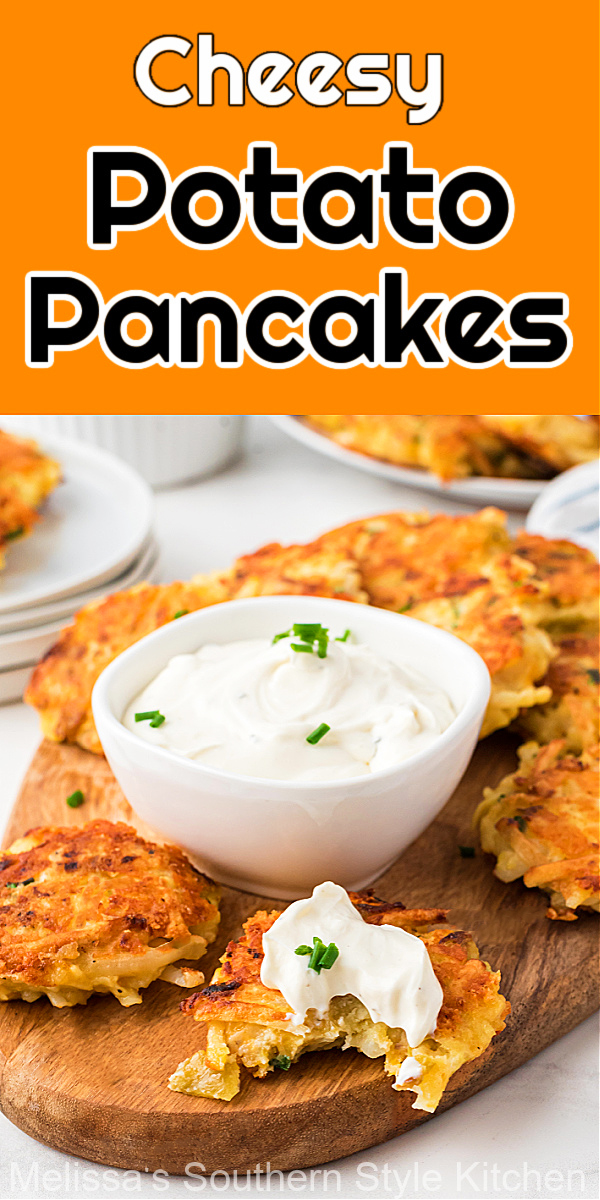 Serve these crispy Cheesy Potato Pancakes warm with a dollop of ranch sour cream as an appetizer or a side dish at any meal #potatopancakes #potatoes #latkes #potatocakes #easypotatocakes #potatoes #potatorecipes #cheesypotatopancakes