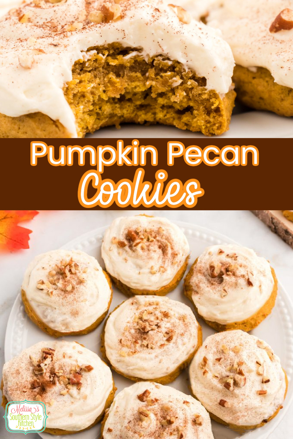 The cream cheese frosted Pumpkin Pecan Cookies encompass the fall favors we love in an insanely delicious handheld dessert #pumpkincookies #pumpkinspice #creamcheesefrosting #fallbaking #thanksgivingdesserts #pumpkinpecancookies