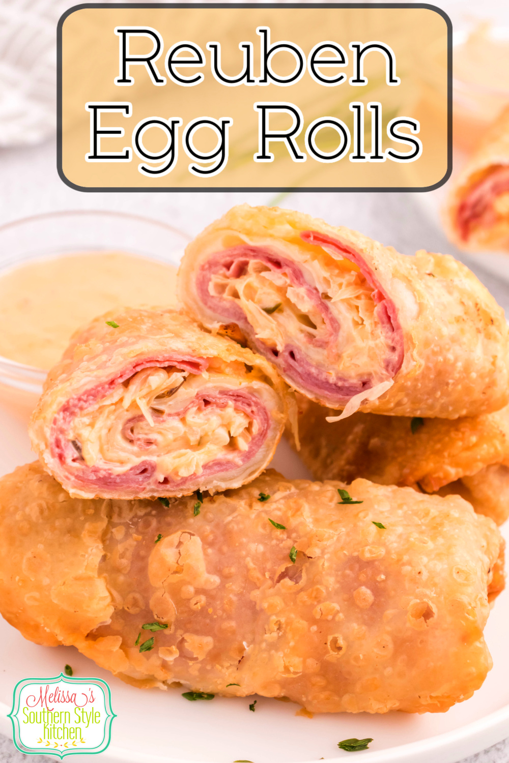 These stuffed Reuben Egg Rolls are sure to be the talk of your appetizer menu! #reubens #eggrolls #cornedbeefrecipes #airfryereggrolls #stpatricksdayrecipe #reubenrecipe #appetizers