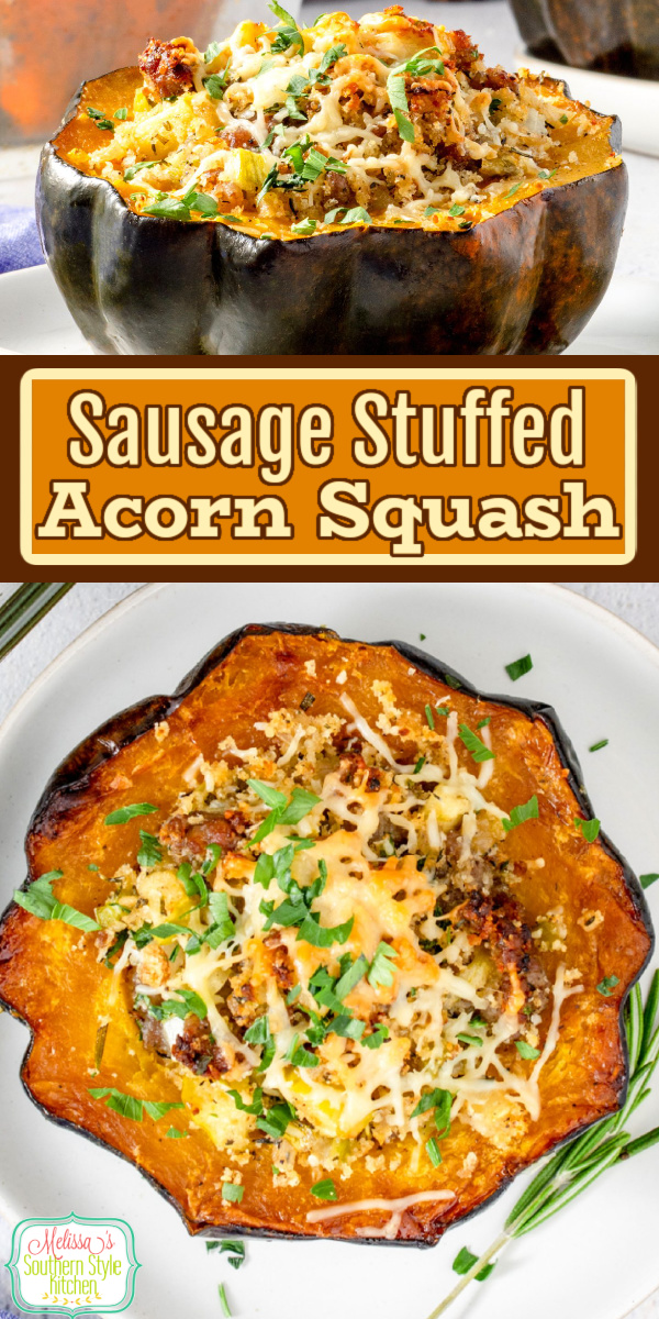 This Sausage Stuffed Acorn Squash is packed with flavor and provides a mouthwatering opportunity to enjoy this fall favorite #acornsquash #sausagestuffedsquash #squashrecipes #thanksgiving #fallrecipes #wintersquash #stuffedacornsquash via @melissasssk