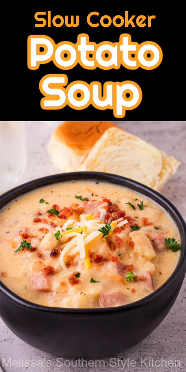 This recipe for cheesy Slow Cooker Potato Soup with ham is a bowl full of comfort food #potatosoup #slowcookedpotatosoup #potatosoupwitham #hamandpotatosoup #crockpotsouprecipes #easypotatosoup via @melissasssk