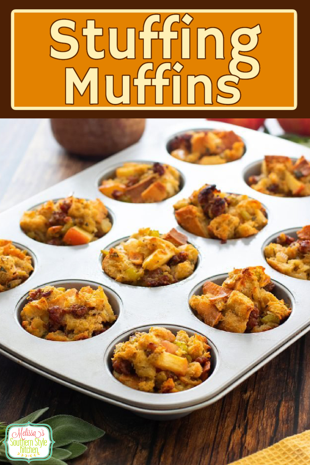 These rosemary bread Stuffing Muffins are filled with sausage and apple and baked in a muffin pan #stuffing #breadstuffing #stuffingmuffins #easystuffing #breadrecipes #thanksgivingrecipes #sidedishrecipes #muffinpanstuffing #stuiffingcupcakes