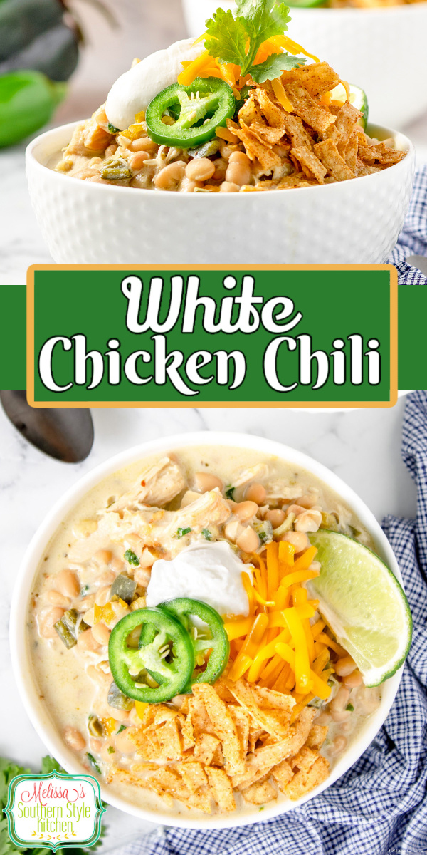 This White Chicken Chili is packed with flavor. It's a hearty filling meal option that's certain to warm you up from the inside out #whitechickenchili #chickenrecipes #chili #chilirecipes #easychilirecipes #easychickenbreastrecipes