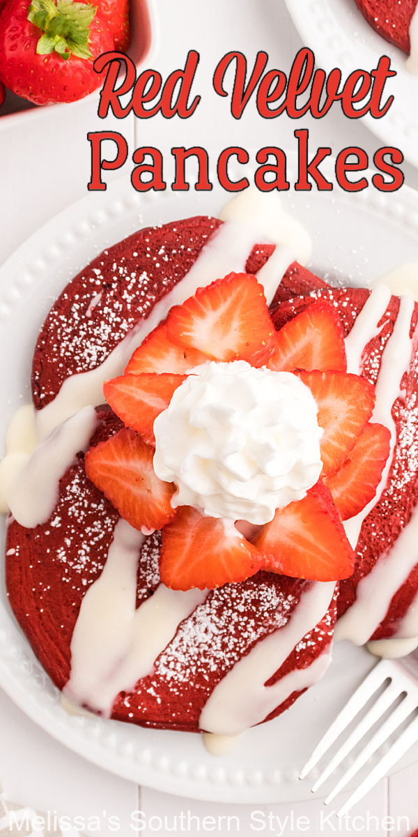 Everyone will love this Red Velvet Pancakes recipe that includes a decadent homemade cream cheese drizzle for the crowning touch #redvelvetrecipes #redvelvetpancakes #pancakerecipes #easypancakerecipe #redvelvetcake #southernredvelvetcake #ihop #creamcheeseglaze #chocolatepancakes #chocolaterecipes #mothersdaybrunch #valentinesday #fathersdaybrunch
