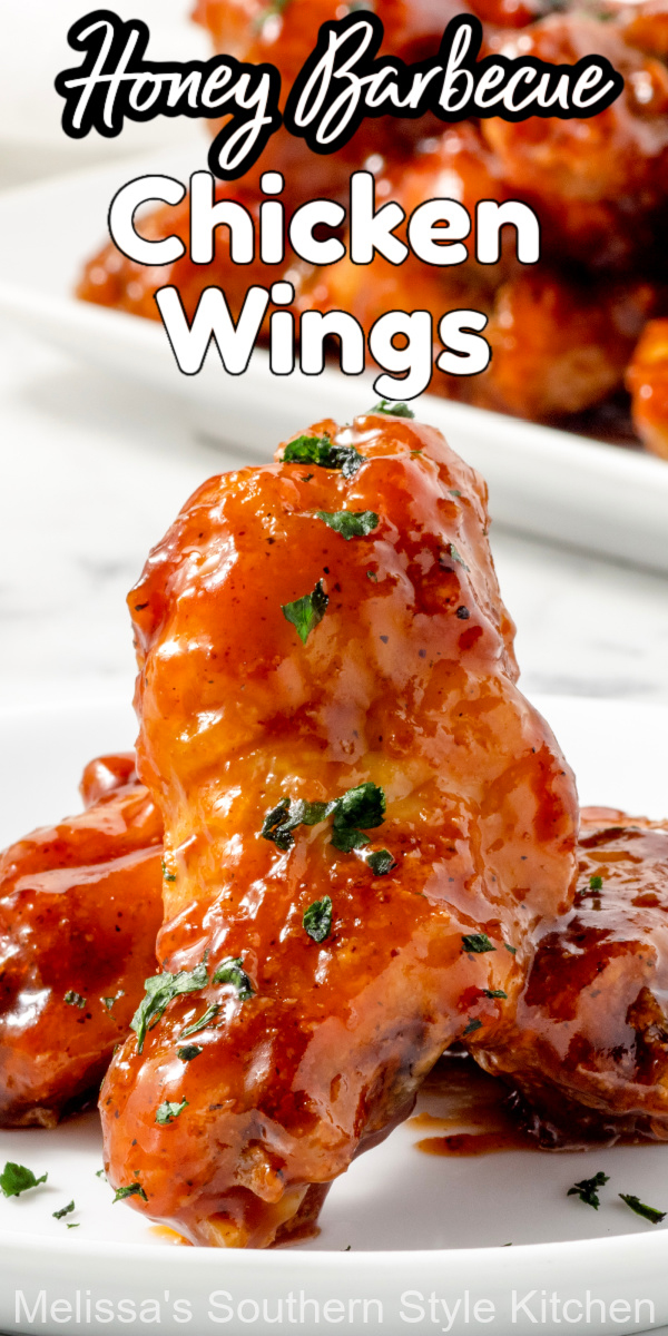 Make these sweet and sticky Honey Barbecue Chicken Wings in an air fryer or oven! #barbecuechicken #honeybarbecuewings #airfryerwings #airfryerhoneybarbecuechickenwings #easywingsrecipes #superbowlrecipes #airfryerrecipes