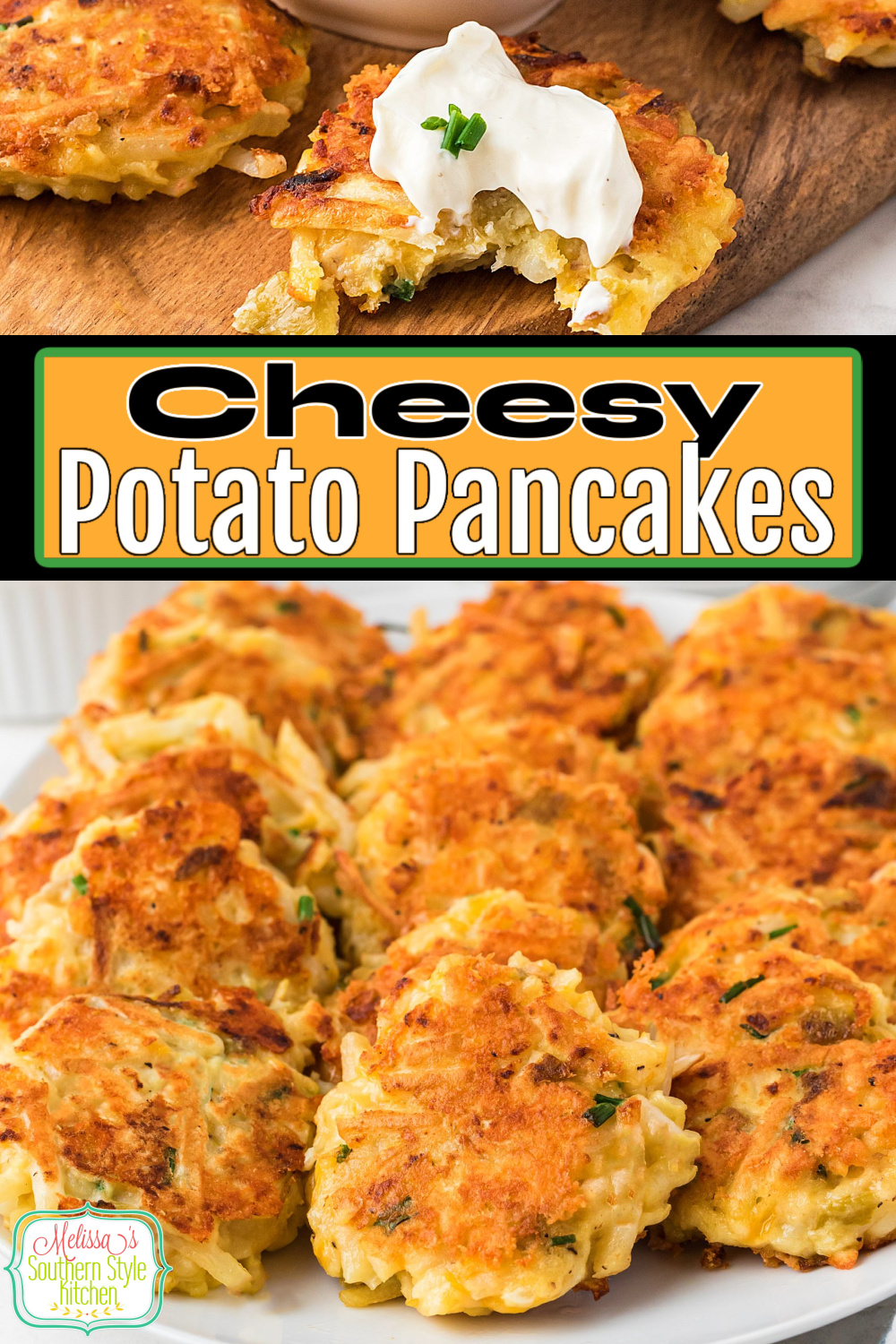 Serve these crispy Cheesy Potato Pancakes warm with a dollop of ranch sour cream as an appetizer or a side dish at any meal #potatopancakes #potatoes #latkes #potatocakes #easypotatocakes #potatoes #potatorecipes #cheesypotatopancakes via @melissasssk
