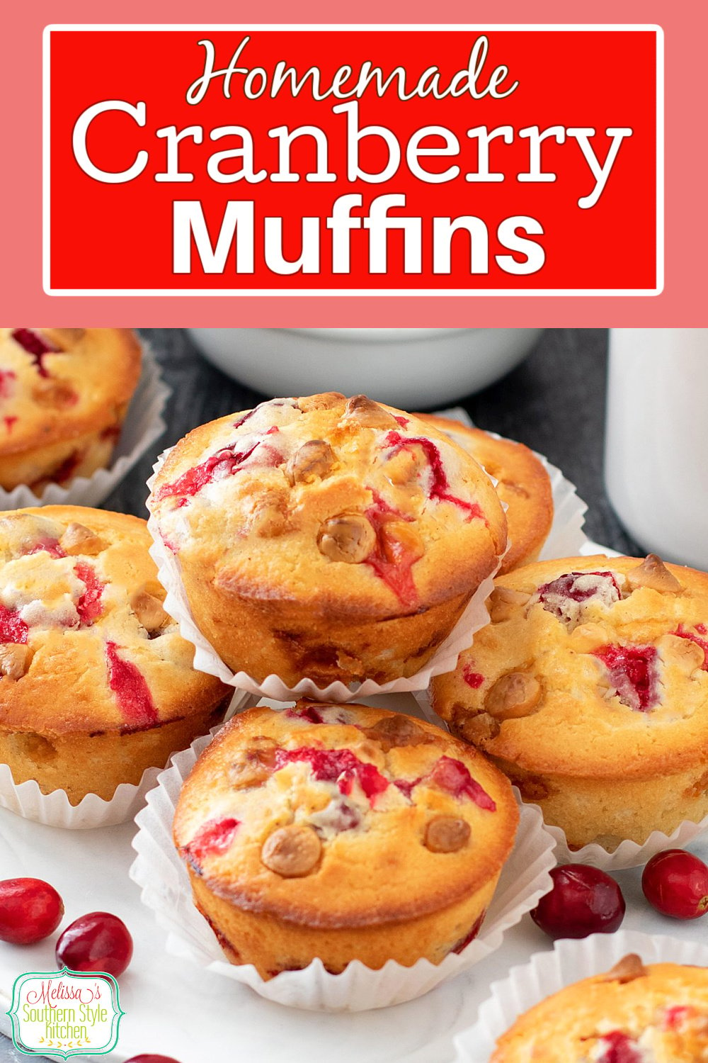 These homemade white chocolate chip Cranberry Muffins are a delicious seasonal option for breakfast, brunch, tea time or dessert #cranberrymuffins #cranberries #whitechocolate #breakfastrecipes #brunchrecipes #easyrecipes #muffinrecipes via @melissasssk