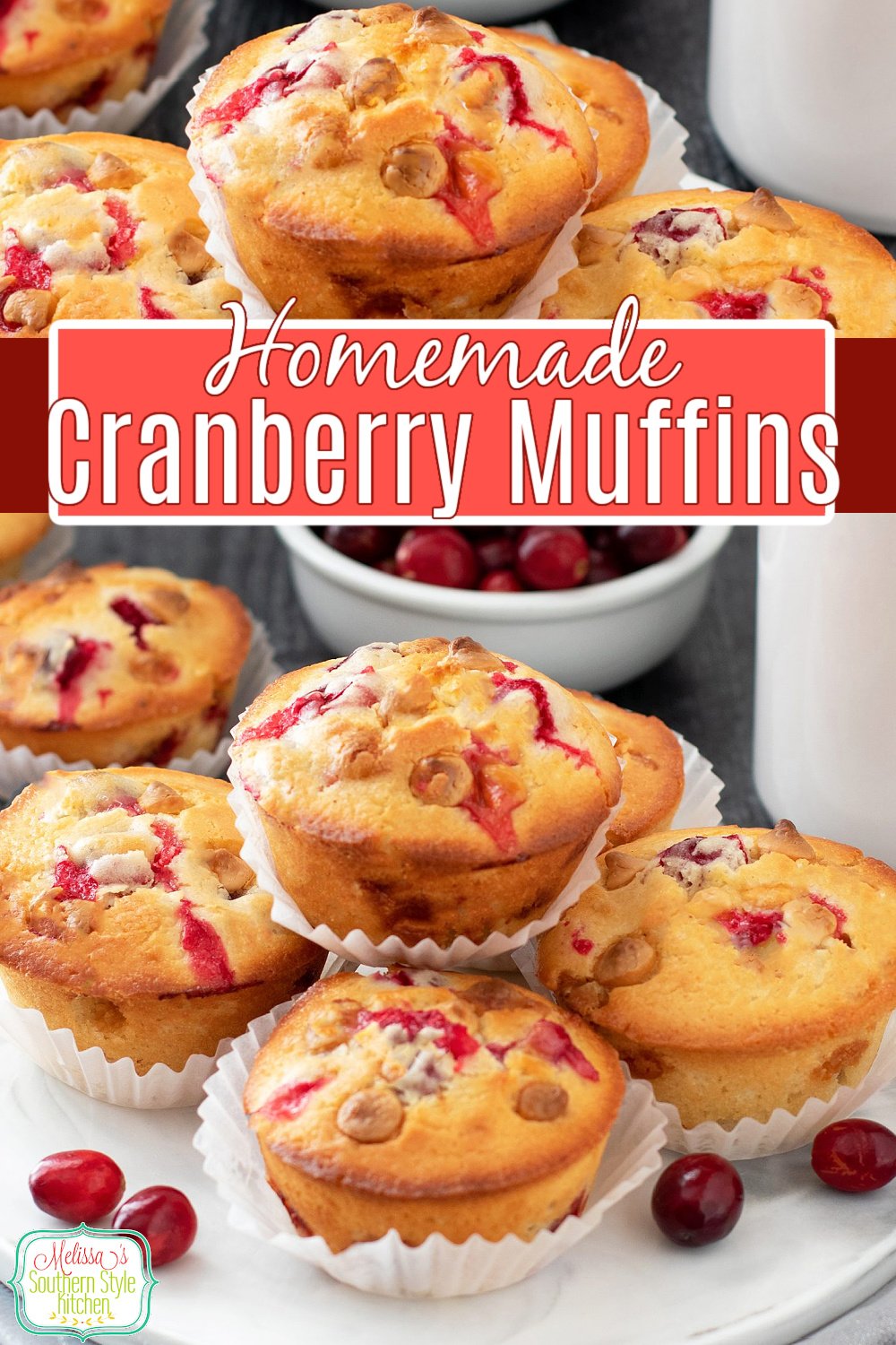 These homemade white chocolate chip Cranberry Muffins are a delicious seasonal option for breakfast, brunch, tea time or dessert #cranberrymuffins #cranberries #whitechocolate #breakfastrecipes #brunchrecipes #easyrecipes #muffinrecipes via @melissasssk