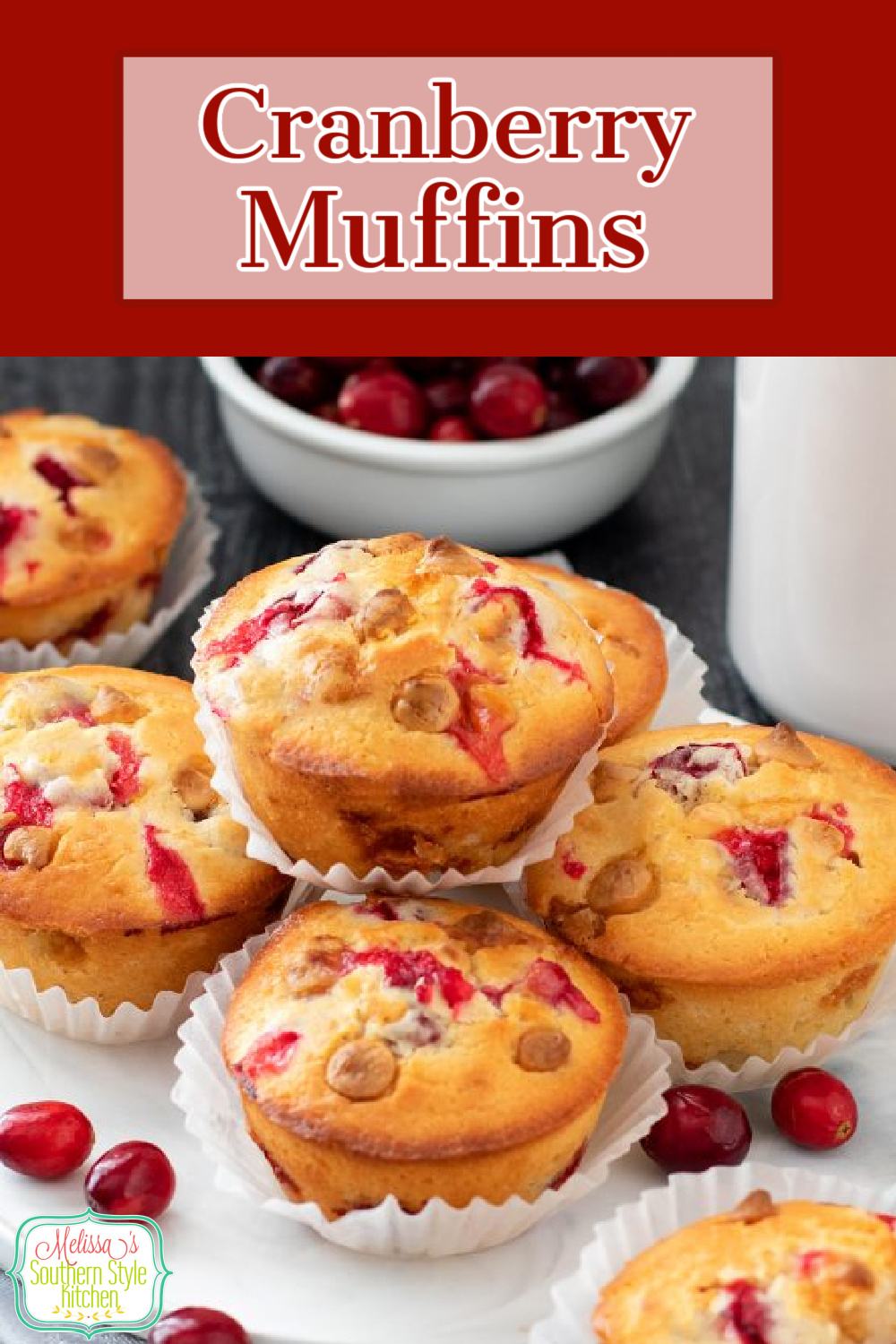 These homemade white chocolate chip Cranberry Muffins are a delicious seasonal option for breakfast, brunch, tea time or dessert #cranberrymuffins #cranberries #whitechocolate #breakfastrecipes #brunchrecipes #easyrecipes #muffinrecipes
